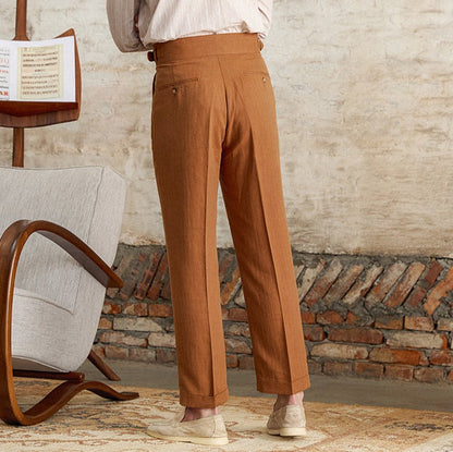 Pantalon droit à plis doubles en mélange de lin Napolitana