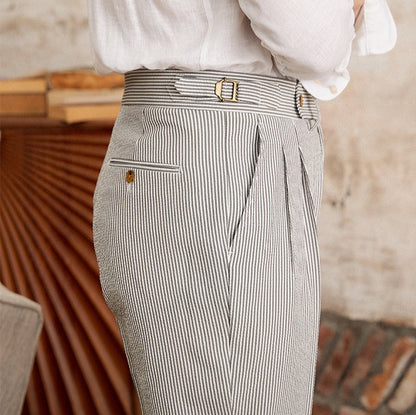 Pantalon droit plissé double en seersucker Cannes