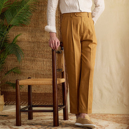 Pantalon droit en mélange de coton et lin Bergamo à plis doubles