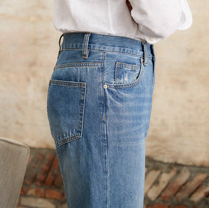 Pantalon droit plissé en denim coton Alassio