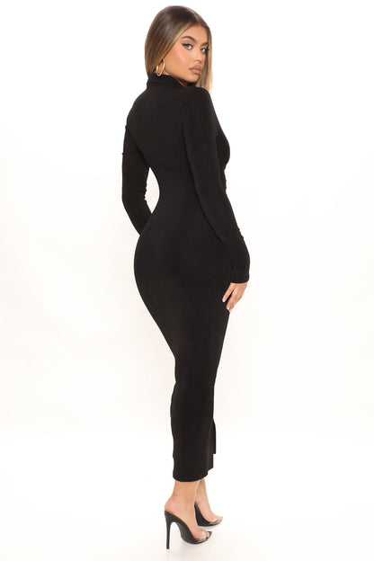 Robe Slinky à Manches Longues Douce et Soyeuse - Noir