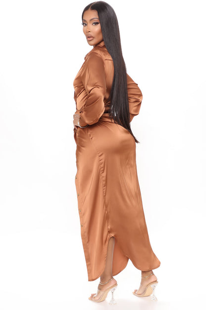 Robe Chemise Maxi Satin Gabriella - Cuivre