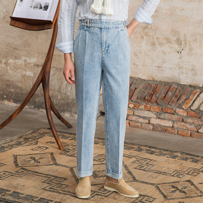 Pantalons en Denim Coton Plissés Droits "Barcelona"