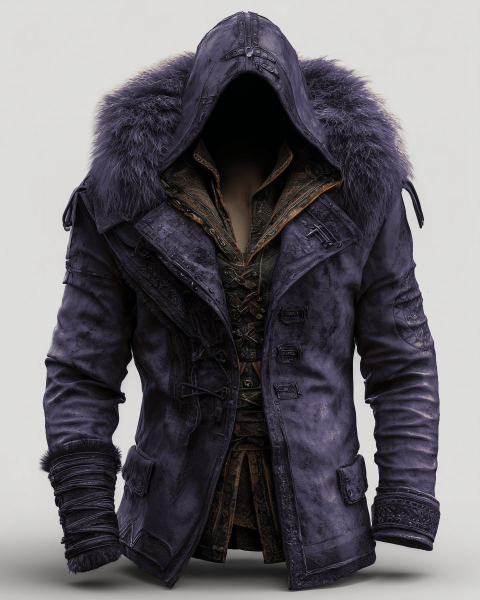 Manteau en cuir épais avec col en fourrure pour hommes - Mode Automne/Hiver