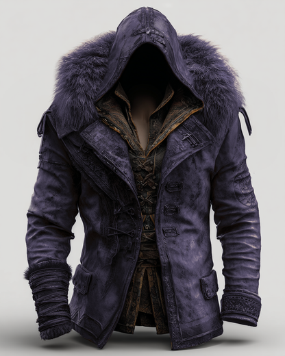 Manteau en cuir épais avec col en fourrure pour hommes - Mode Automne/Hiver