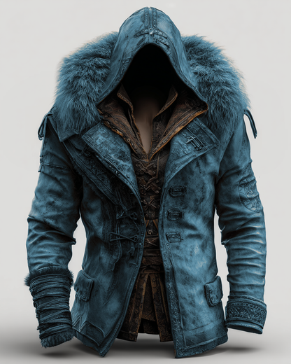 Manteau en cuir épais avec col en fourrure pour hommes - Mode Automne/Hiver