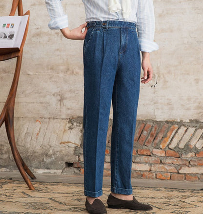 Pantalons en Denim Coton Plissés Droits "Barcelona"