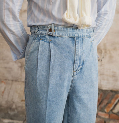 Pantalons en Denim Coton Plissés Droits "Barcelona"