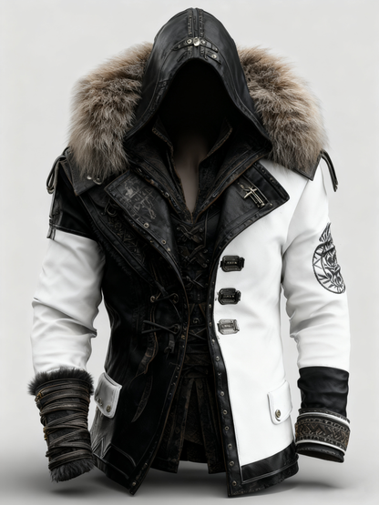 Manteau en cuir épais avec col en fourrure pour hommes - Mode Automne/Hiver