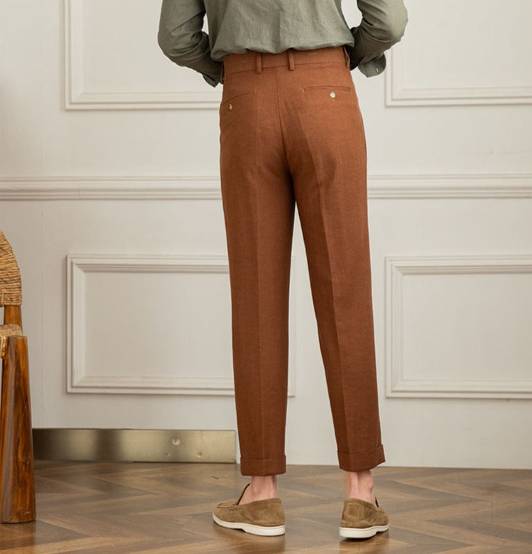 Pantalons droits à double pli en mélange lin
