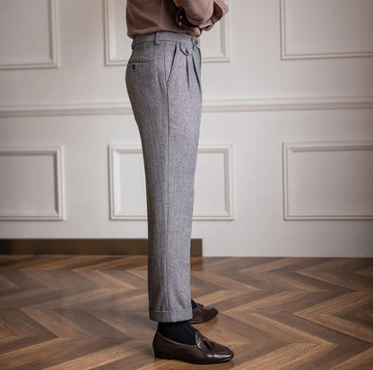 Pantalon de costume en mélange de laine Herringbone "Winchester"