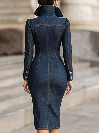 Lindsey - Robe Midi en Denim Structuré à Double Boutonnage