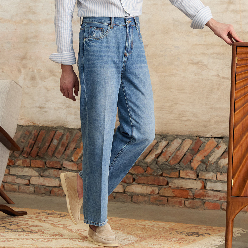 Pantalon droit plissé en denim coton Alassio