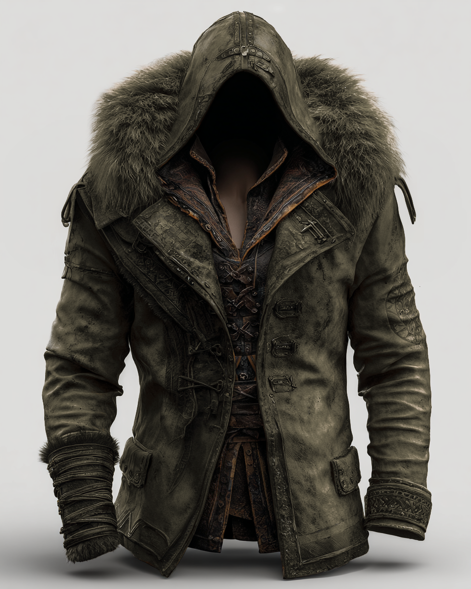 Manteau en cuir épais avec col en fourrure pour hommes - Mode Automne/Hiver