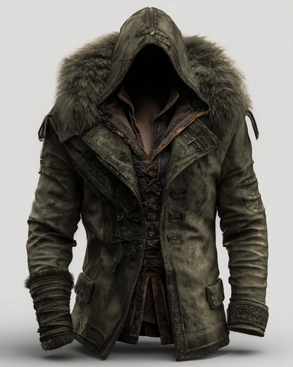 Manteau en cuir épais avec col en fourrure pour hommes - Mode Automne/Hiver