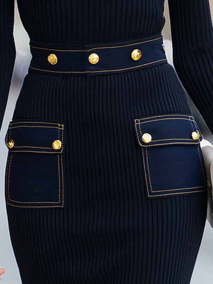 Lily - Navy Ribbed Knit Dress With Gold-Tone Button Denim Pocket Details