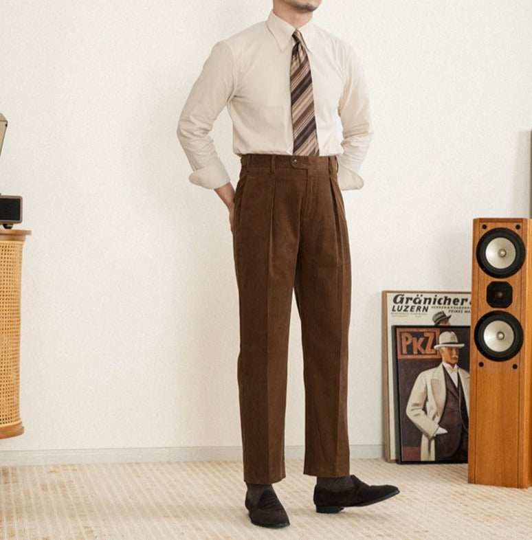 Pantalons Plissés Droits en Velours Côtelé de Coton Aspen