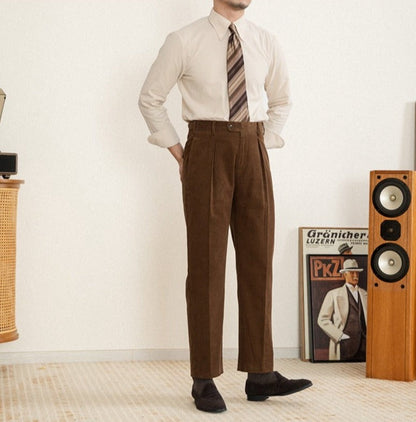 Pantalons Plissés Droits en Velours Côtelé de Coton Aspen