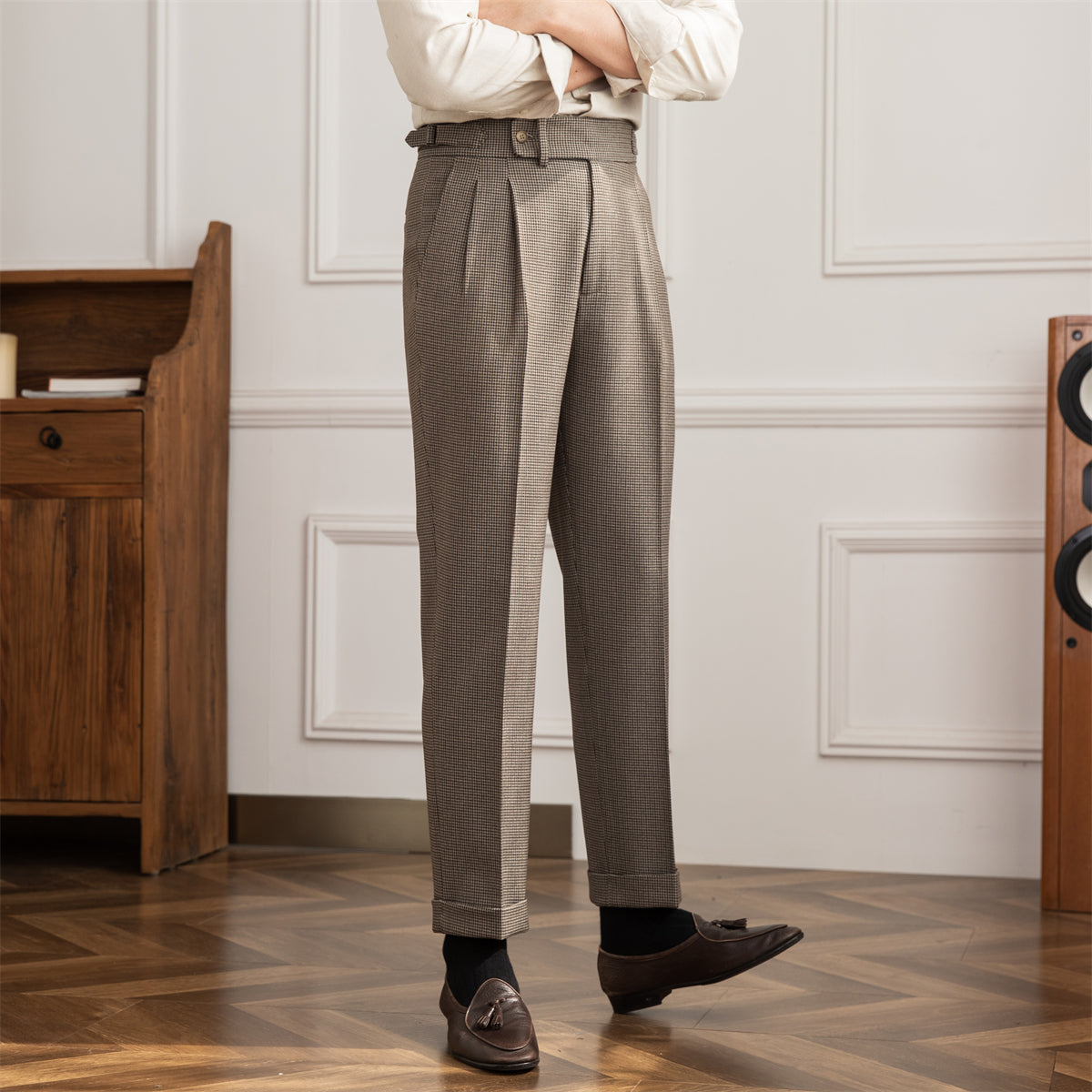 Pantalons Plissés Droits en Houndstooth Cambridge