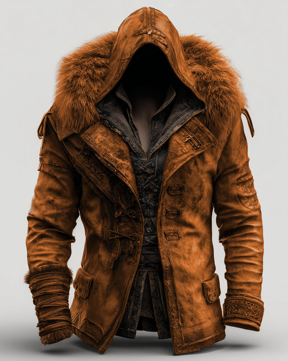 Manteau en cuir épais avec col en fourrure pour hommes - Mode Automne/Hiver