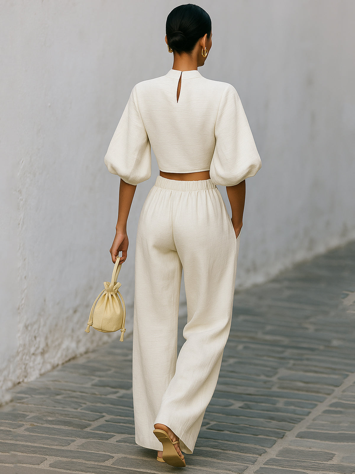 Glowy - Creamy White Textured Lantern Sleeve Set