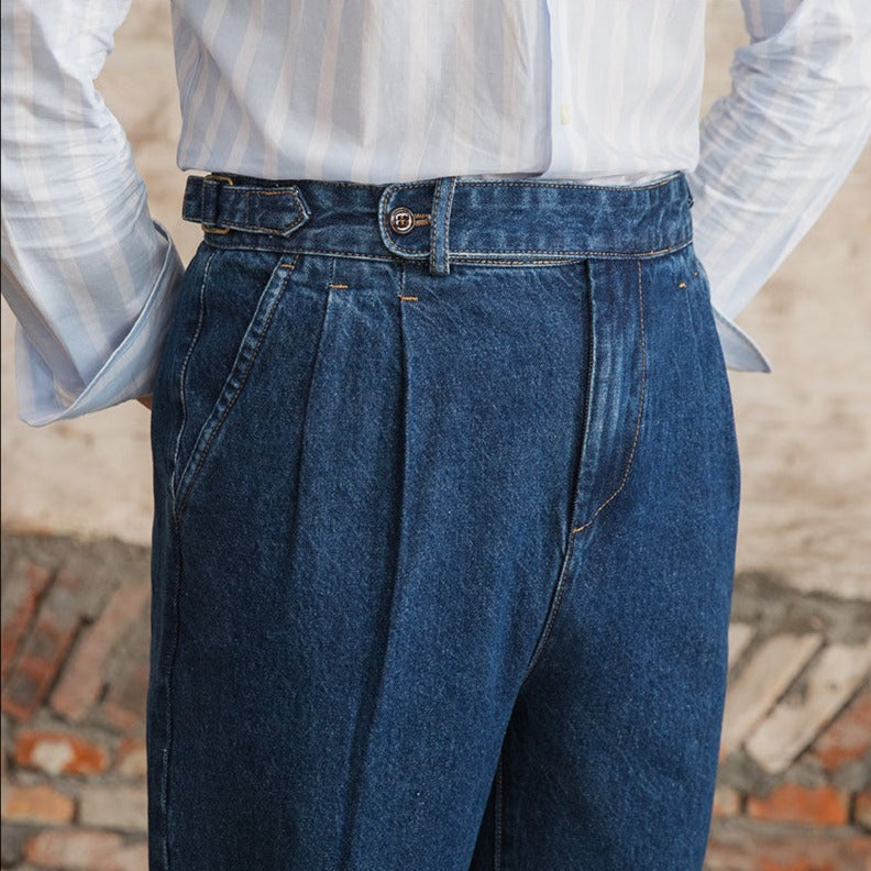 Barcelona Cotton Pleated Straight Fit Denim Trousers