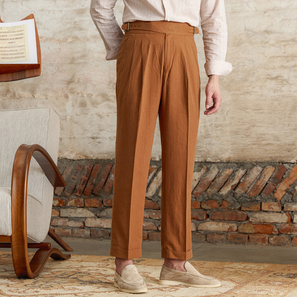 Pantalon droit à plis doubles en mélange de lin Napolitana