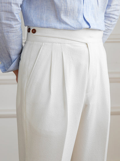 Moneglia Seersucker Double Pleated Straight Fit Trousers