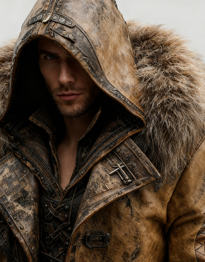 Manteau en cuir épais avec col en fourrure pour hommes - Mode Automne/Hiver