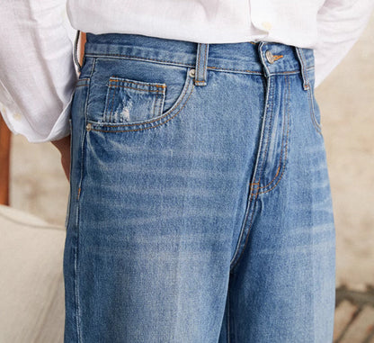 Pantalon droit plissé en denim coton Alassio