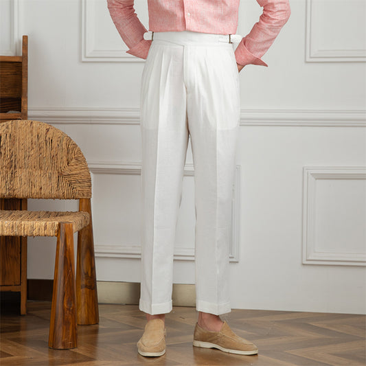 Pantalons droits à plis doubles en mélange de lin Monza