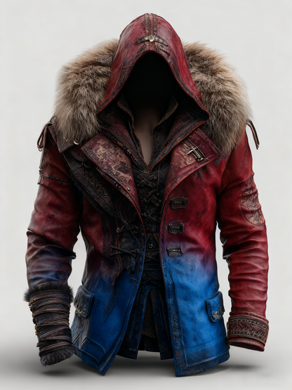 Manteau en cuir épais avec col en fourrure pour hommes - Mode Automne/Hiver