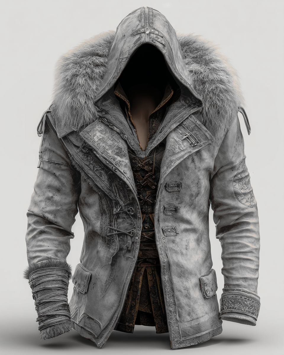 Manteau en cuir épais avec col en fourrure pour hommes - Mode Automne/Hiver