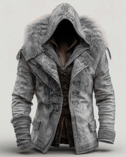 Manteau en cuir épais avec col en fourrure pour hommes - Mode Automne/Hiver