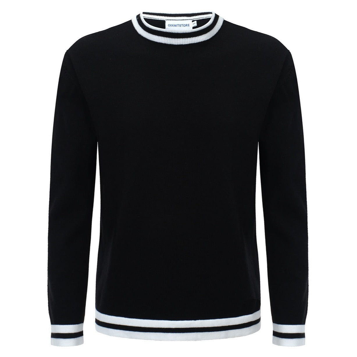Pull en tricot rétro pour hommes – Noir vintage avec bordure rayée blanche