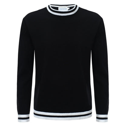 Pull en tricot rétro pour hommes – Noir vintage avec bordure rayée blanche