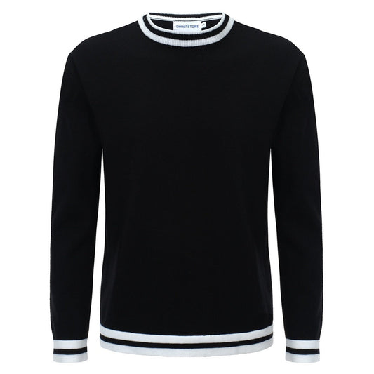 Pull en tricot rétro pour hommes – Noir vintage avec bordure rayée blanche