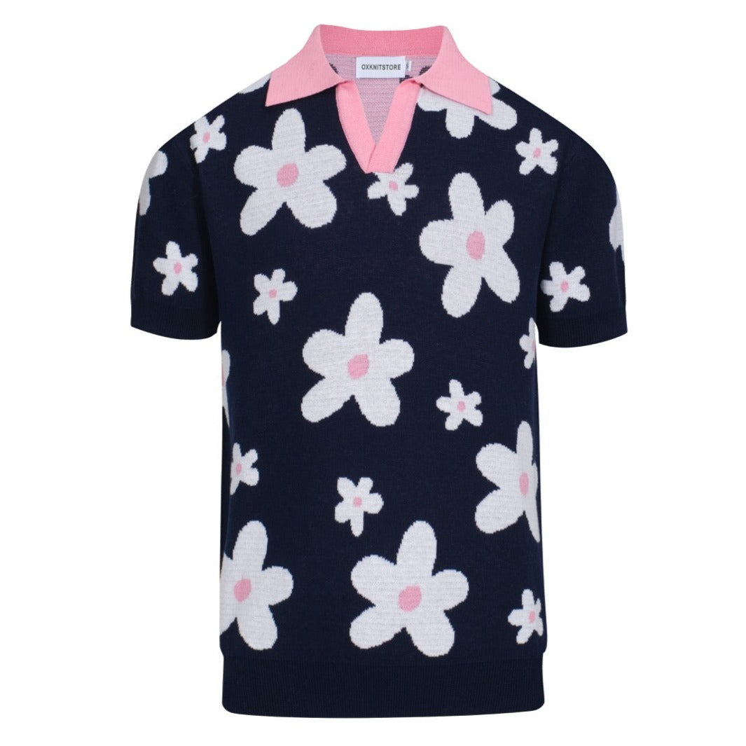 Polo en Tricot Daisy Marine des Années 70 pour Hommes – Col Rose Rétro