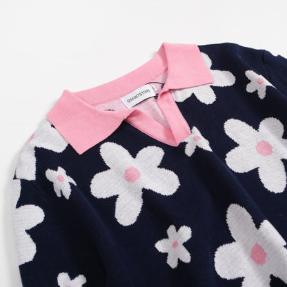 Polo en Tricot Daisy Marine des Années 70 pour Hommes – Col Rose Rétro