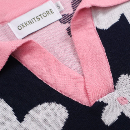 Polo en Tricot Daisy Marine des Années 70 pour Hommes – Col Rose Rétro