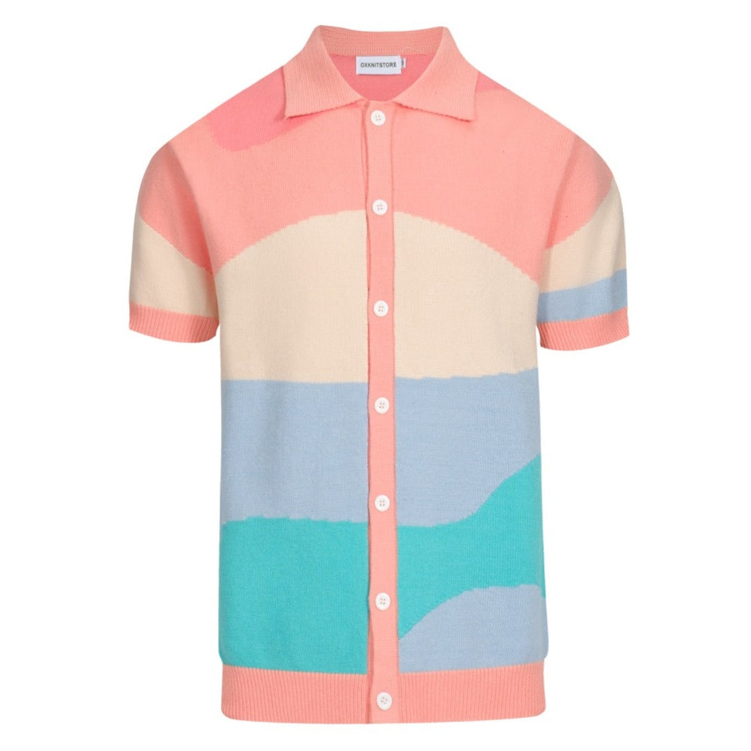 Chemise Tricotée Pastel pour Homme des Années 70 – Boutonnée en Colorblock Abstrait