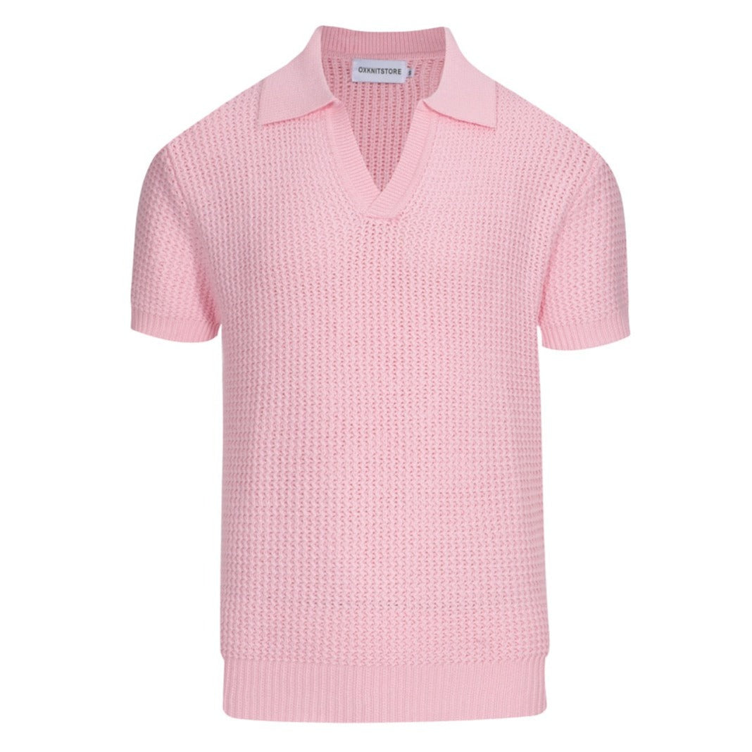 Polo en tricot gaufré rose pour homme des années 60 – Chemise rétro légère à col en V