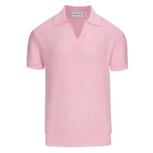 Polo en tricot gaufré rose pour homme des années 60 – Chemise rétro légère à col en V