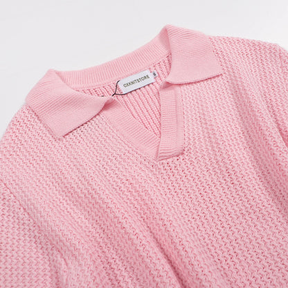 Polo en tricot gaufré rose pour homme des années 60 – Chemise rétro légère à col en V
