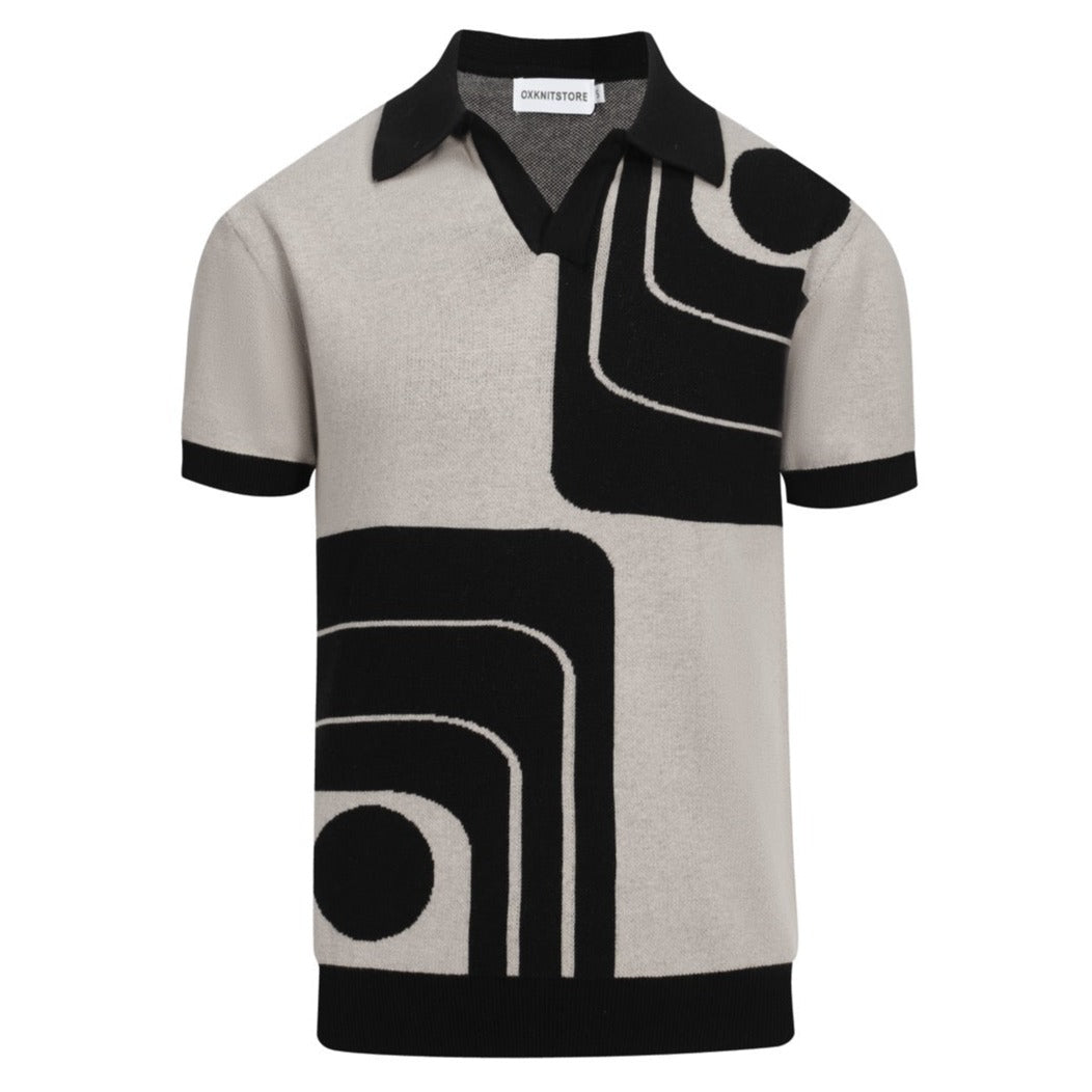 Polo Tricot Vintage Années 1960 pour Hommes – Motif Géométrique Rétro Noir & Gris
