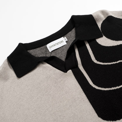 Polo Tricot Vintage Années 1960 pour Hommes – Motif Géométrique Rétro Noir & Gris