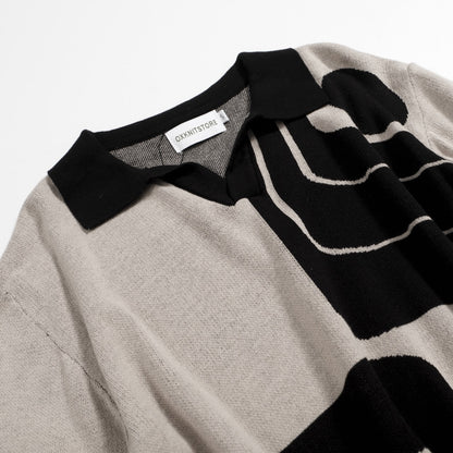 Polo Tricot Vintage Années 1960 pour Hommes – Motif Géométrique Rétro Noir & Gris