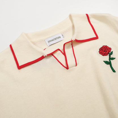 Polo Vintage Tricoté pour Hommes – Boutonnage Rétro Crème avec Broderie de Rose