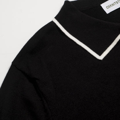 Polo Mod Noir pour Homme des Années 70 – Chemise Tricotée Rétro avec Bord Contrasté