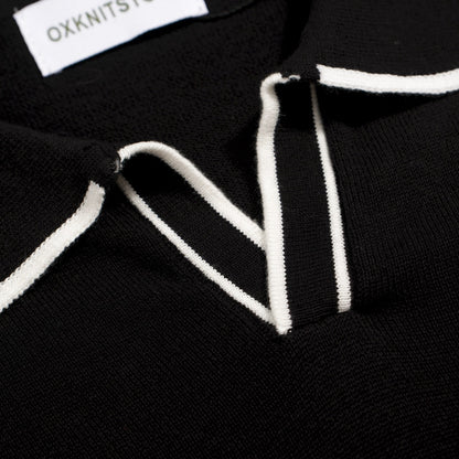 Polo Mod Noir pour Homme des Années 70 – Chemise Tricotée Rétro avec Bord Contrasté
